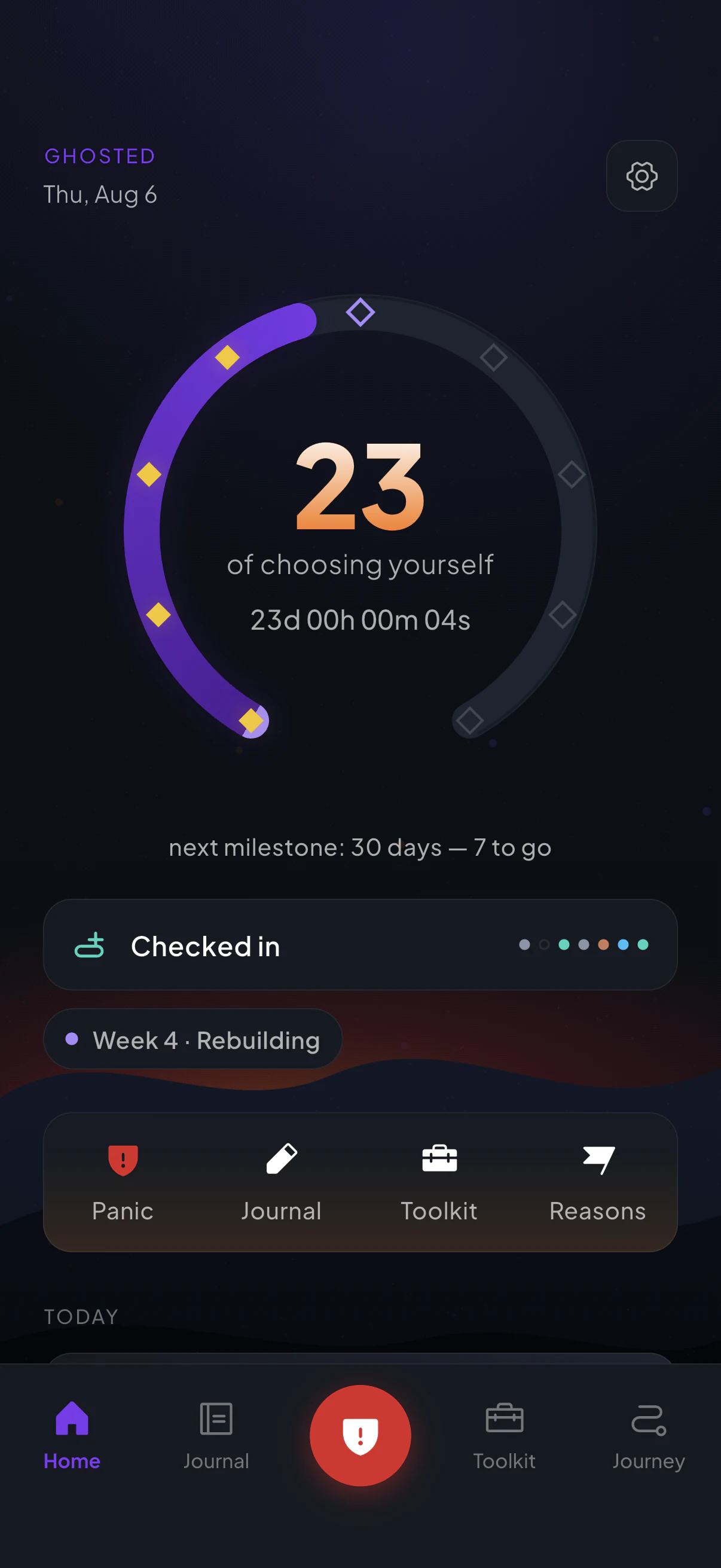 Ghosted's home screen at night: a violet ring set with gold milestone gems around a glowing day 23, a live counter beneath it, a checked-in mood row, and an ember horizon low behind the Panic, Journal, Toolkit and Reasons row.