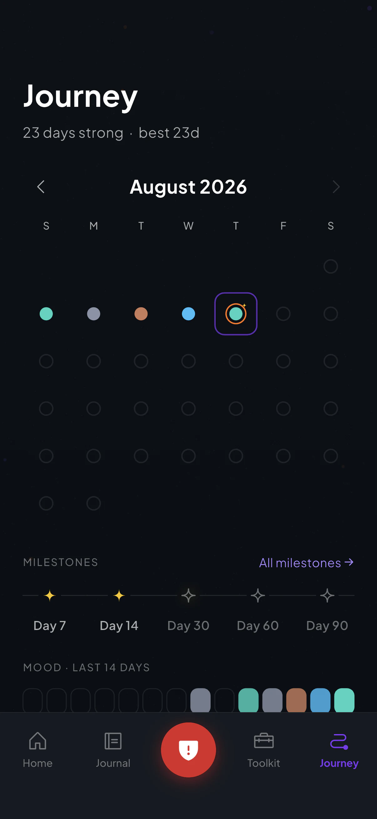The Journey screen: a month calendar of nightly mood dots with today ringed in ember, a constellation strip with day 7 and day 14 lit gold, and a band of mood colour from the last 14 days.
