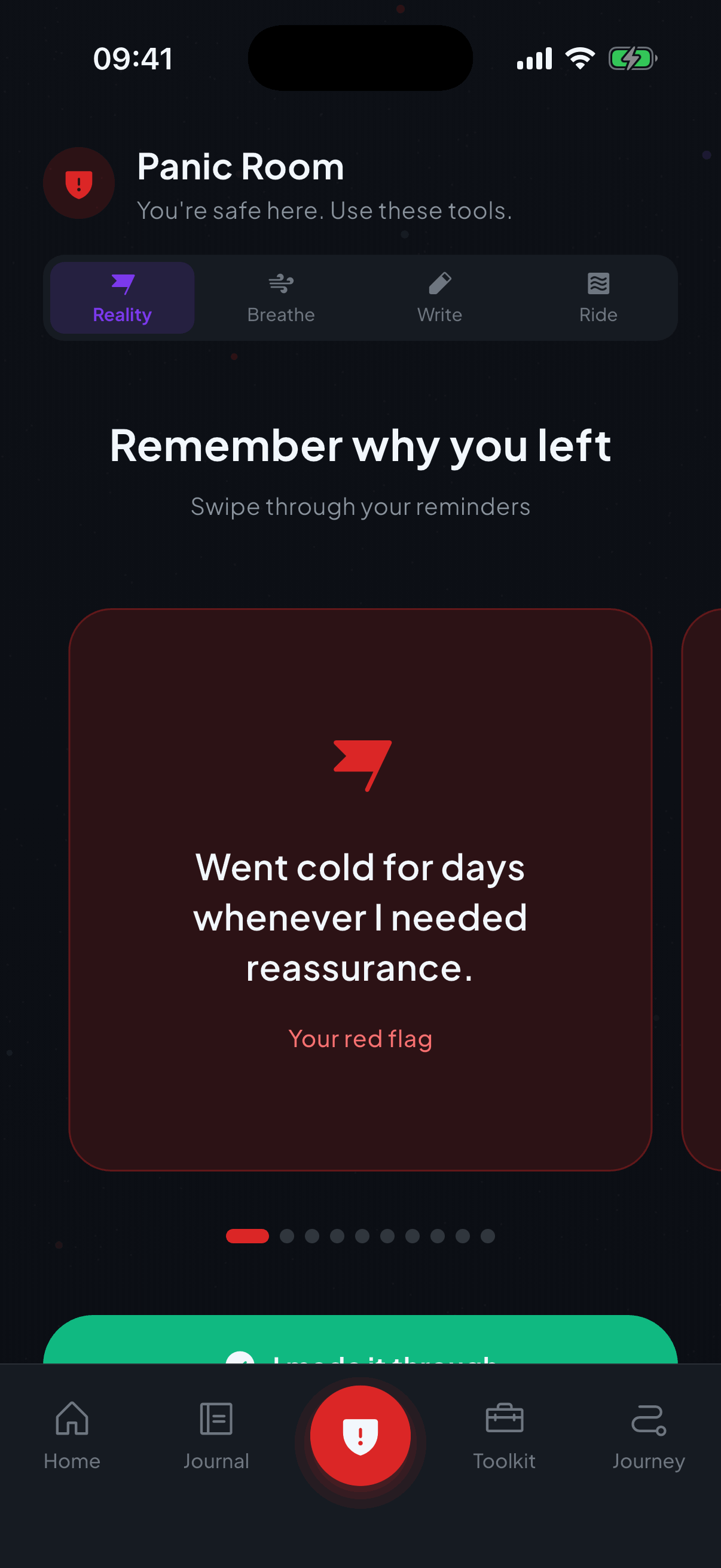Ghosted's panic room with Reality, Breathe, Write and Ride tools and a swipeable card reading 'remember why you left'.