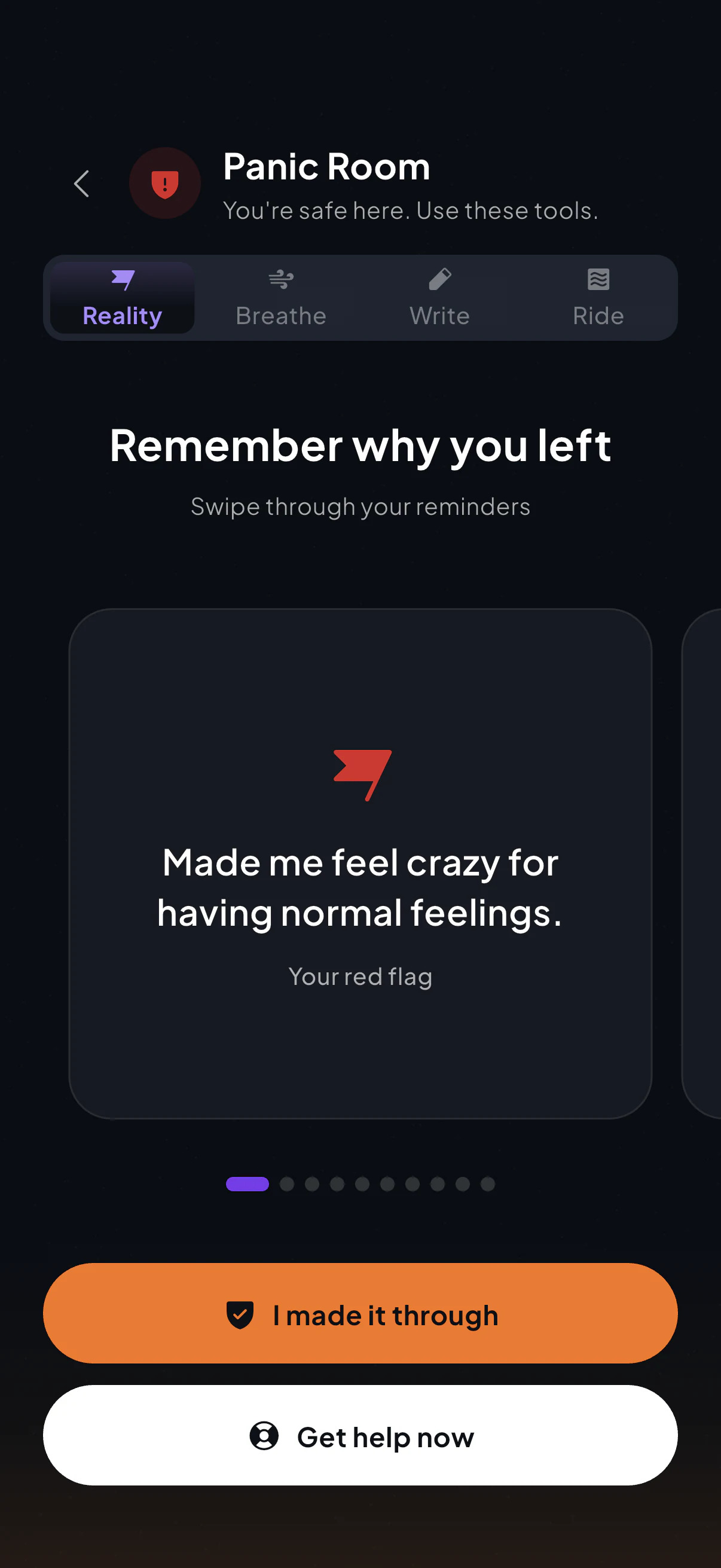 Ghosted's panic room with the navigation bar hidden: the Reality tab open on one of your own red-flag cards, above the fixed 'I made it through' and 'Get help now' buttons.